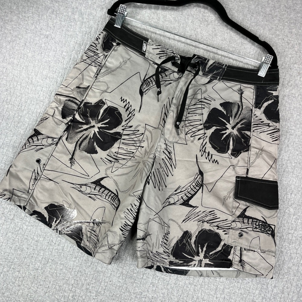 AFTCO Fly Fishing Board Shorts Men 30-32 Marlin Hibiscus Bluewater Swim Trunks‎